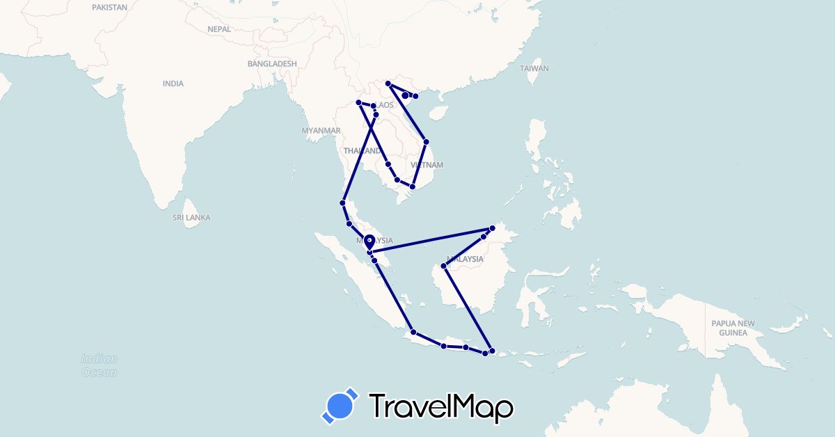 TravelMap itinerary: driving in Brunei, Indonesia, Cambodia, Laos, Malaysia, Thailand, Vietnam (Asia)
